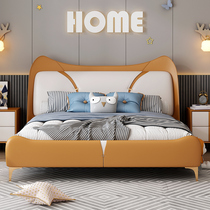 Light Extravagant Solid Wood Childrens Bed Girl Single Bed Bedroom Teenage Girl Genuine Leather Soft Bag Bed Net Red Ins Cartoon Cat Bed