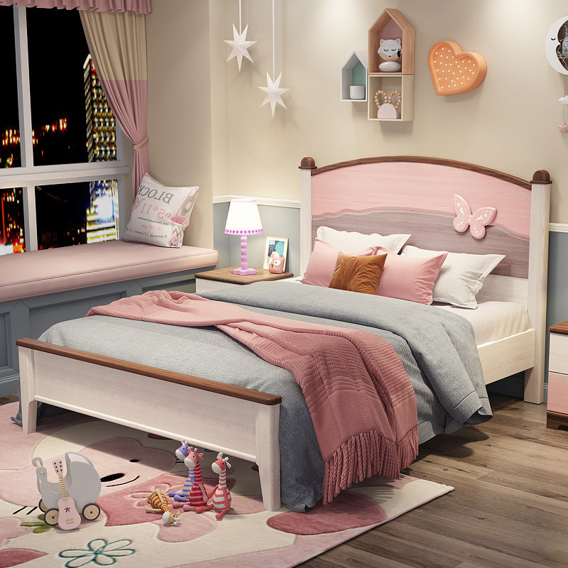 Full solid wood Children's bed girl Single Nordic bedroom Bedroom Girl Bed Teenage small family butterfly knot single bed