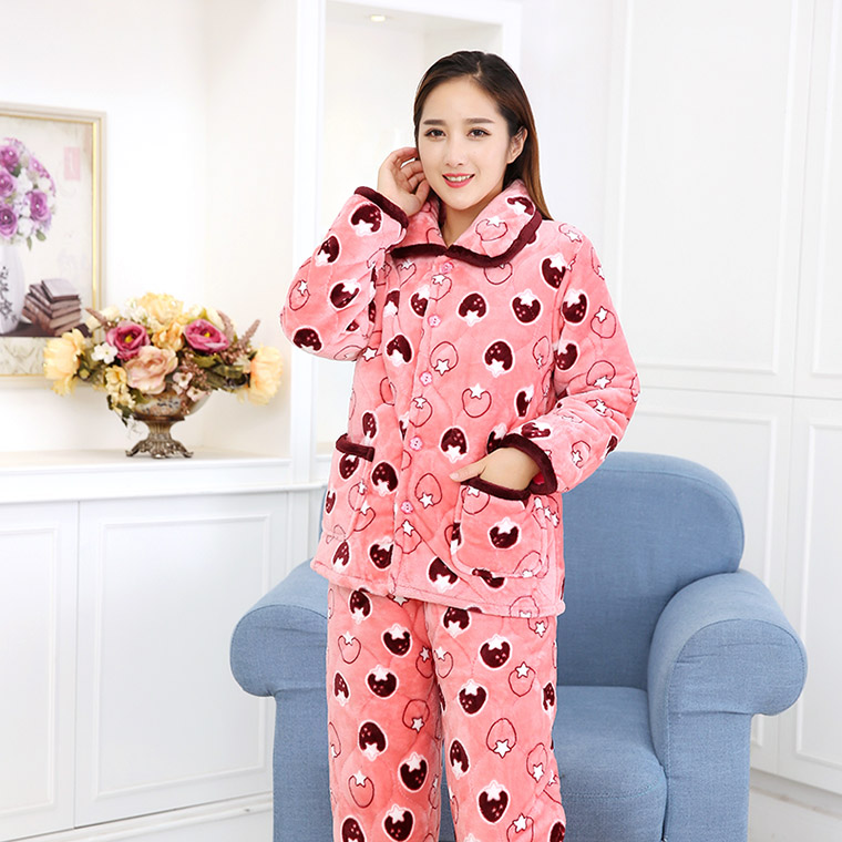 Đồ ngủ nữ mùa đông san hô nhung dày ba lớp áo khoác cotton nữ phục vụ nhà mùa đông vẻ đẹp nhung ấm áp phù hợp bộ đồ ngủ