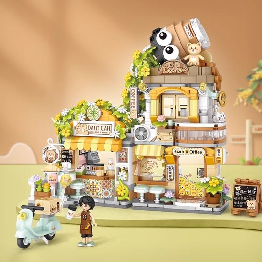Loz/Smart Chinese-Style Folding Street Scene Building Blocks Little Bear Coffee Shop Assembled Panda Tea House Girls' Birthday Gift