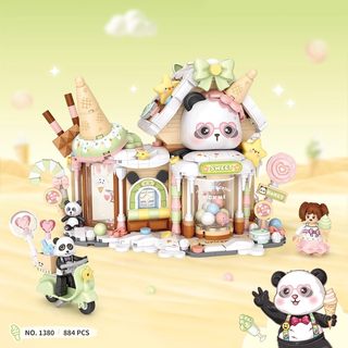 Loz Building Blocks Street Scene Panda Ice Cream Shop DIY Christmas House Candy Store Educational Toys Gift for Girls