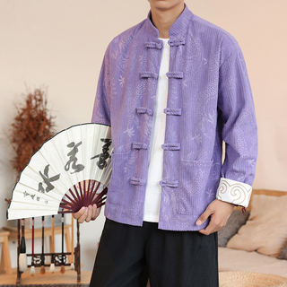 Мужская куртка в китайском стиле Tang, осенне-зимняя, из вельвета, с длинными рукавами, новый китайский стиль, на пуговицах, Ханьфу, большие размеры, с воротником-стойкой