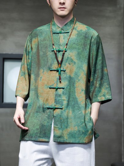 Костюм Тан из ледяного шелка, мужская летняя тонкая рубашка с короткими рукавами в стиле шинуазри, новая свободная рубашка большого размера с рукавами три четверти династии Хань