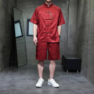 Новый костюм в китайском стиле для мужчин, летний тонкий костюм из ледяного шелка с короткими рукавами, ретро-жаккардовый комплект из двух предметов: шорты большого размера.