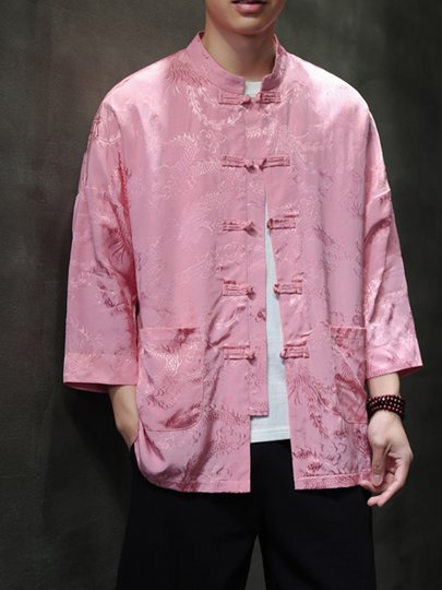 New Chinese-Style Tang Suit for Men, Chinese Style Summer Thin Ice Silk Short-Sleeved Shirt, Improved Hanfu, Large Size Stand-Up Collar Shirt, Trendy