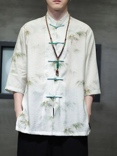 Костюм Тан из ледяного шелка, мужская летняя тонкая рубашка с короткими рукавами в стиле шинуазри, новая свободная рубашка большого размера с рукавами три четверти династии Хань