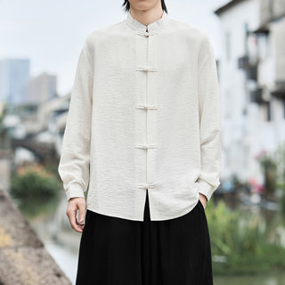 Мужская рубашка в китайском стиле на весну-осень 2025: хлопок и лён, длинный рукав, новый китайский стиль, ханьфу, большие размеры, на пуговицах