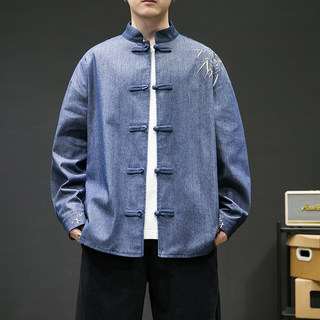 Новый костюм шинуазри Тан, мужской костюм в стиле шинуазри, весенне-осенняя джинсовая рубашка с длинными рукавами, свободная рубашка большого размера с вышивкой в стиле ретро династии Хань