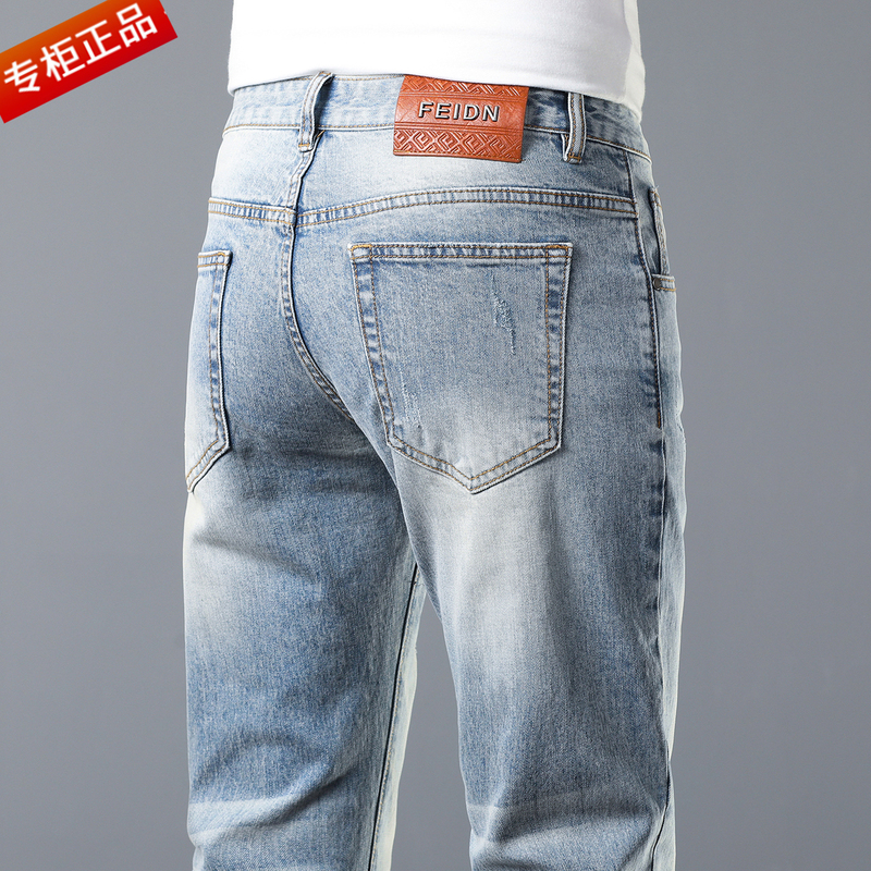 Italian High-End Brand Spring and Summer Light Blue Jeans for Men, Slim Fit, Stretchy, Trendy Casual Cropped Pants