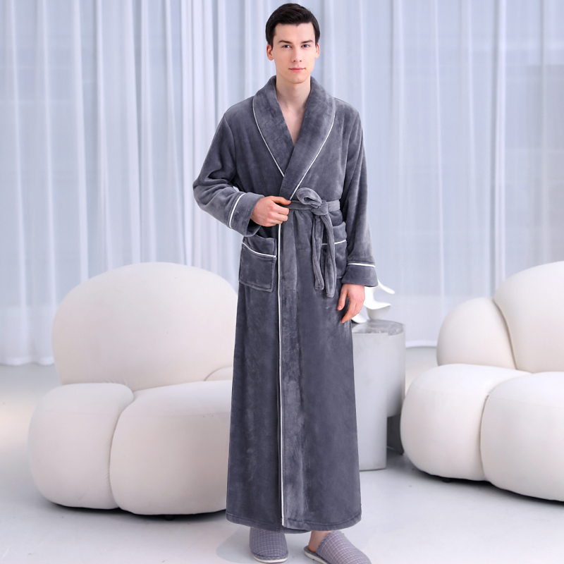Pajamas, Men's Nightgown, Long Autumn and Winter Coral Velvet Thickeneded Velvet Flannel Bathrobe, Men's Plus Size Bathrobe