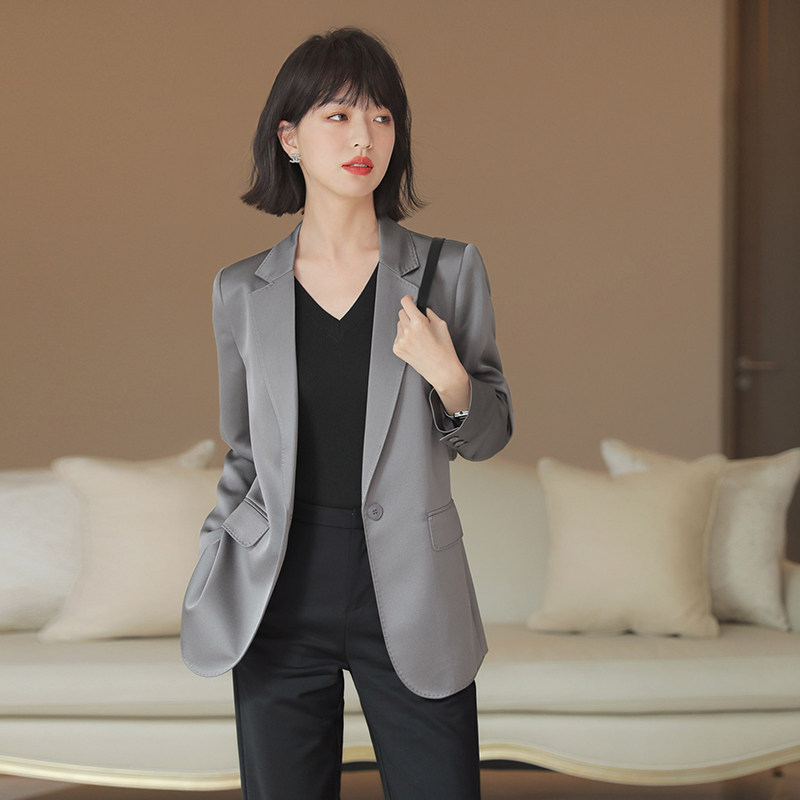 Satin glossy gray suit jacket women's spring 2022 new slim temperament drape small suit top