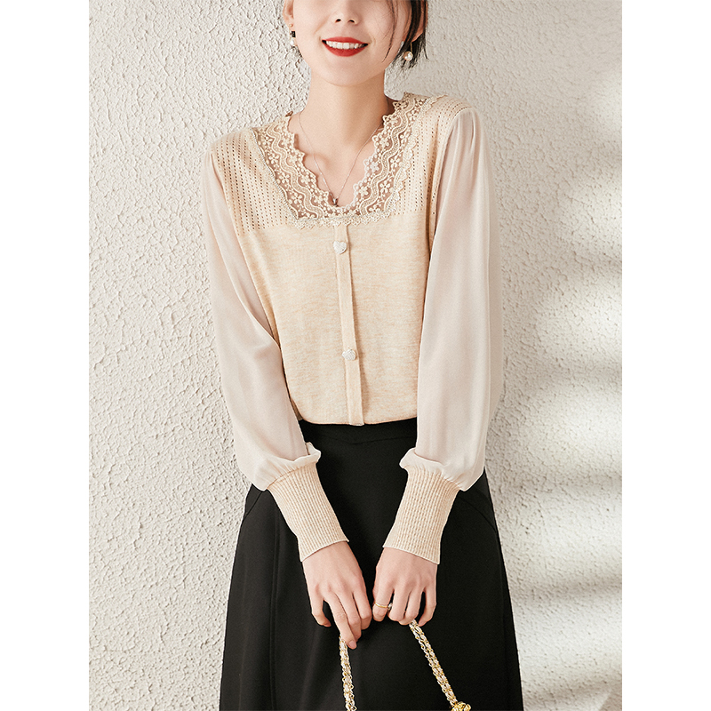 Elegant Hollowed-out Lace Splicing Wool Stitch Weaselwear Women Spring 2022 New Gentle Blizzard Spinoff Foam Sleeve Blouse