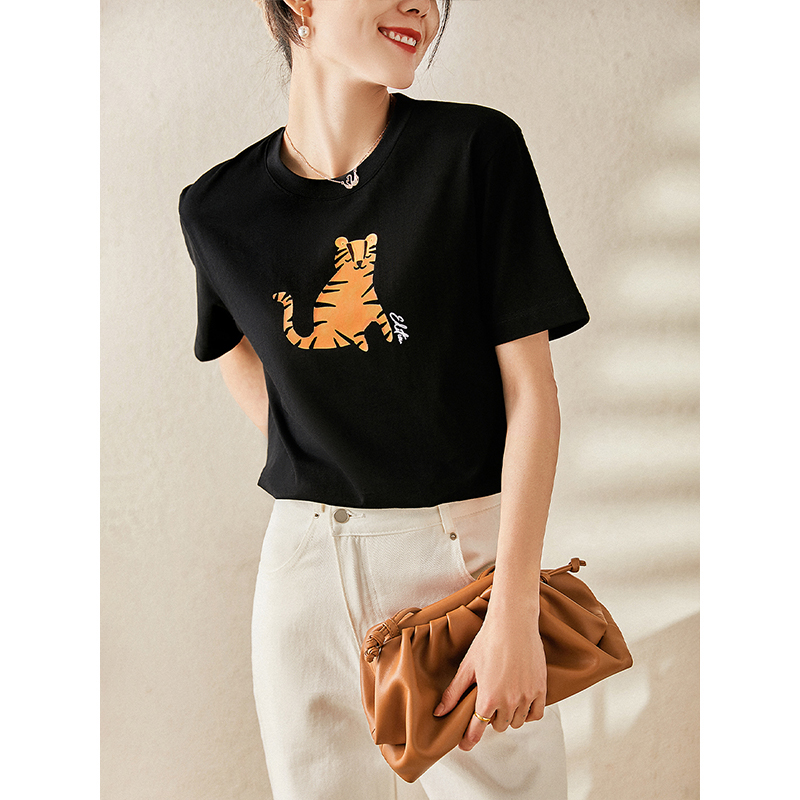 Tiger printed black short sleeve T-shirt woman 2022 Spring summer new fashion cut-age round collar hit bottom of the bottom