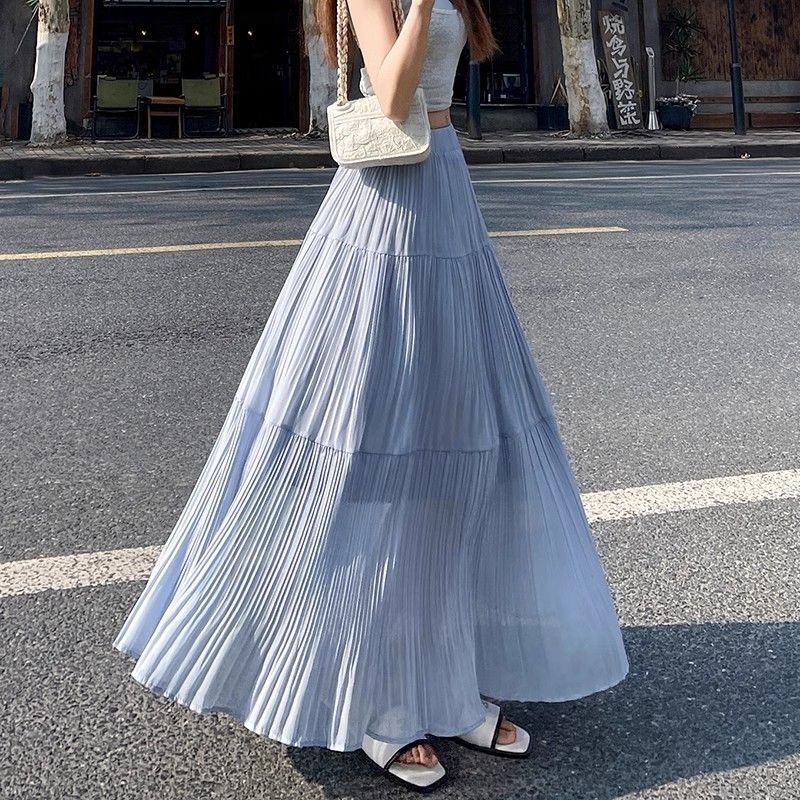 Plus Size Women's Clothing Summer New Style Gentle High-Waisted Purple Pleated Skirt Women's Large Skirt Design Chiffon Long Skirt