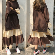 College wind sweater stitching pleated skirt plus fat plus size 200 pounds fat MM autumn Korean version loose dress