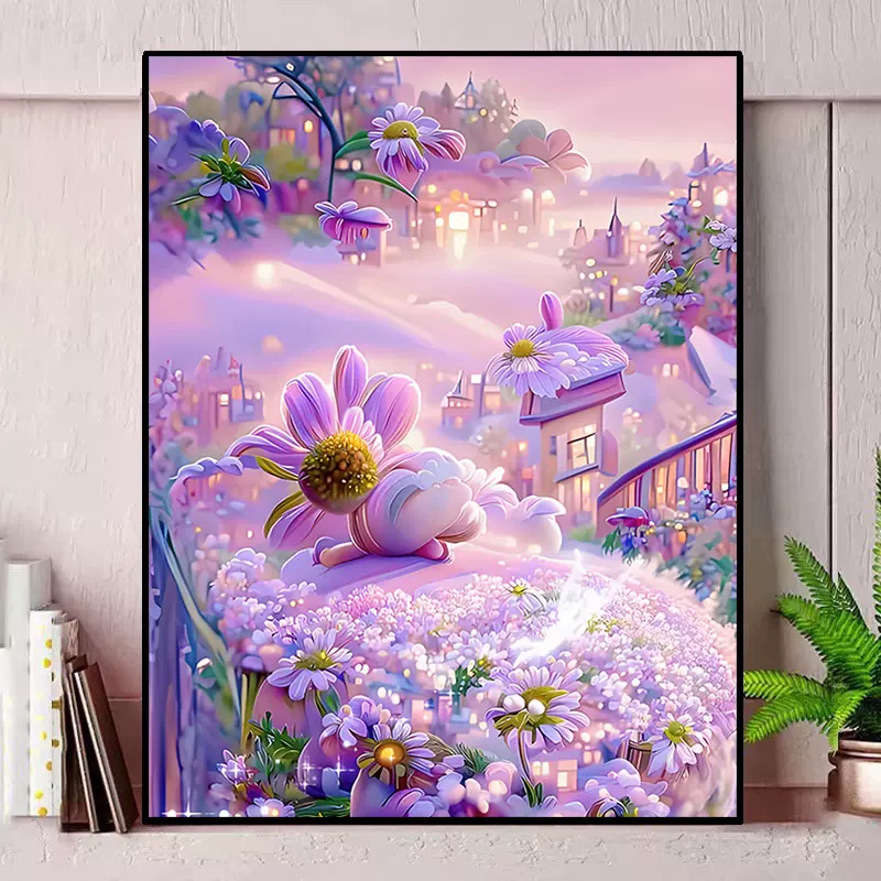 Purple Flower Landscape Cross-Stitch 2026 New Full Diamond Handmade Mosaic Sticker with Frame for Living Room Decoration Painting