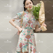 French sandro 2021 spring summer V neckline with lotus leaf printed high waist short skirt with dress SFPRO01149