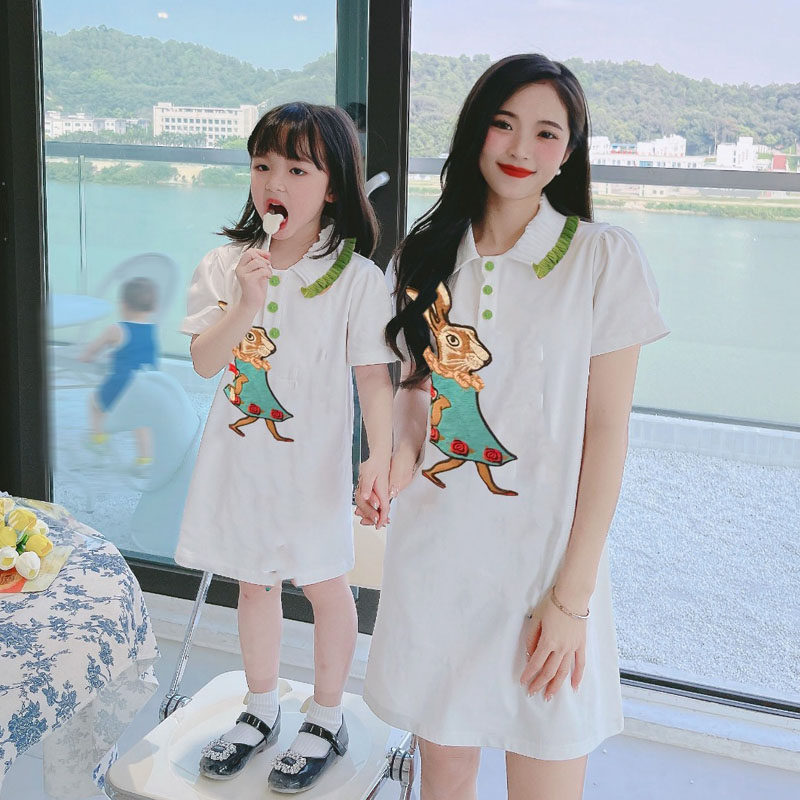 Parent-child summer dress a family of three baby mother and son short-sleeved t-shirt embroidery bunny POLO shirt mother-daughter dress