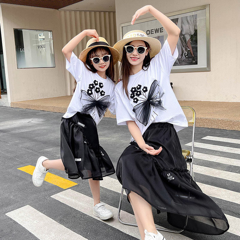 Net Red Fried Street pro-Daughter Dress Mid-Dress Mid girl Girl Foreign Style Fashion Mesh Veil Half Body Dress Suit Summer