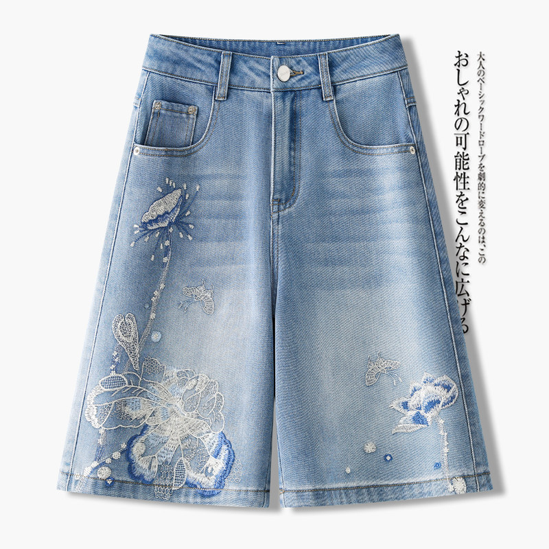 Embroidered Floral Denim Shorts for Women, Summer 2026 New Thin High-Waisted Slimming Loose Mid-Length Shorts Embroidered Floral Denim Shorts for Women, Summer 2026 New Thin High-Waisted Slimming Loose Mid-Length Shorts