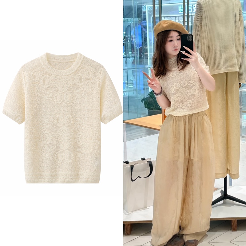 In-Stock 2K2Ee63 Mall Same Style 2026 Summer New T-Shaped Short Floral Puff Sleeve Lightweight Knit Top