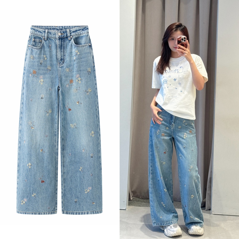 In-Stock 2K2Xr37 Mall Same Style 2026 Summer New Women's Wide-Leg Pants with Drape Embroidery Pattern Jeans In-Stock 2K2Xr37 Mall Same Style 2026 Summer New Women's Wide-Leg Pants with Drape Embroidery Pattern Jeans