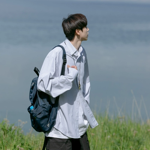 Синяя рубашка, осенняя тонкая куртка для школьников для отдыха, оверсайз