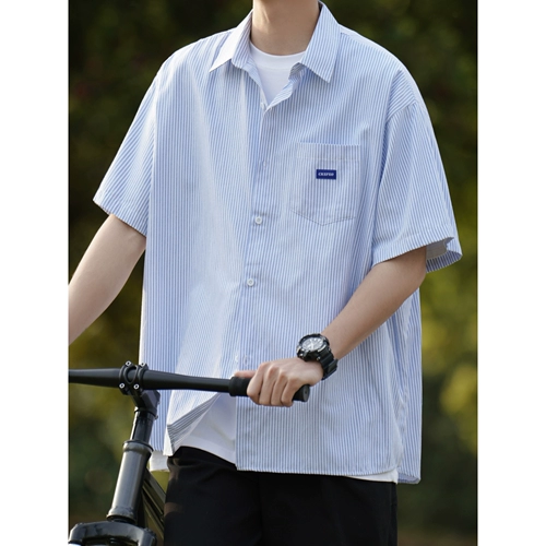 Синяя тонкая японская трендовая рубашка, оверсайз