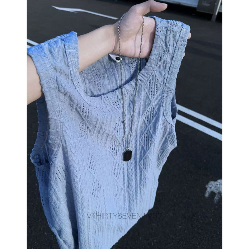Knitted Hollow Mesh Sleeveless T-Shirt for Men, Summer Old Money Style, Versatile Breathable Short-Sleeve Trendy Brand Cool Vest Top