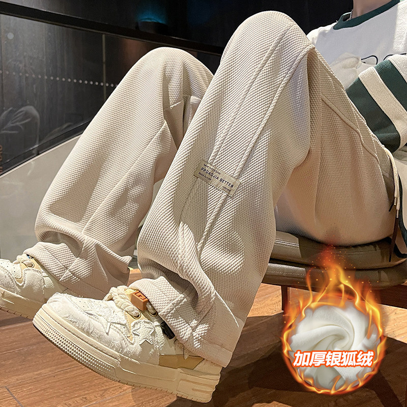 Pants Men Winter Students Plus Suede Thickened Warm Loose Big Code Casual Long Pants Day of Tide Cards Comeback Sports Pants-Taobao