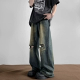 Летние тонкие ретро джинсы, штаны, повседневные брюки, в американском стиле, свободный прямой крой