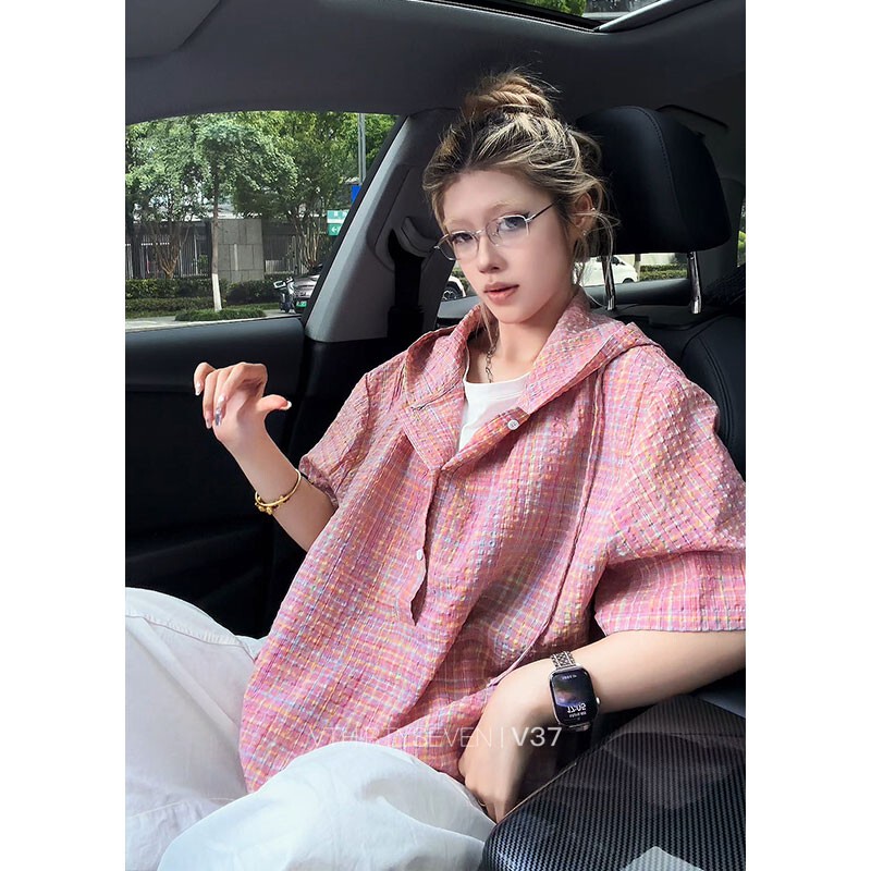 American-Style Fake Two-Piece Hooded Short-Sleeved Shirt for Men and Women, New Summer Trendy Brand Bubble Gauze Half-Sleeve Loose Casual Shirt American-Style Fake Two-Piece Hooded Short-Sleeved Shirt for Men and Women, New Summer Trendy Brand Bubble Gauze Half-Sleeve Loose Casual Shirt