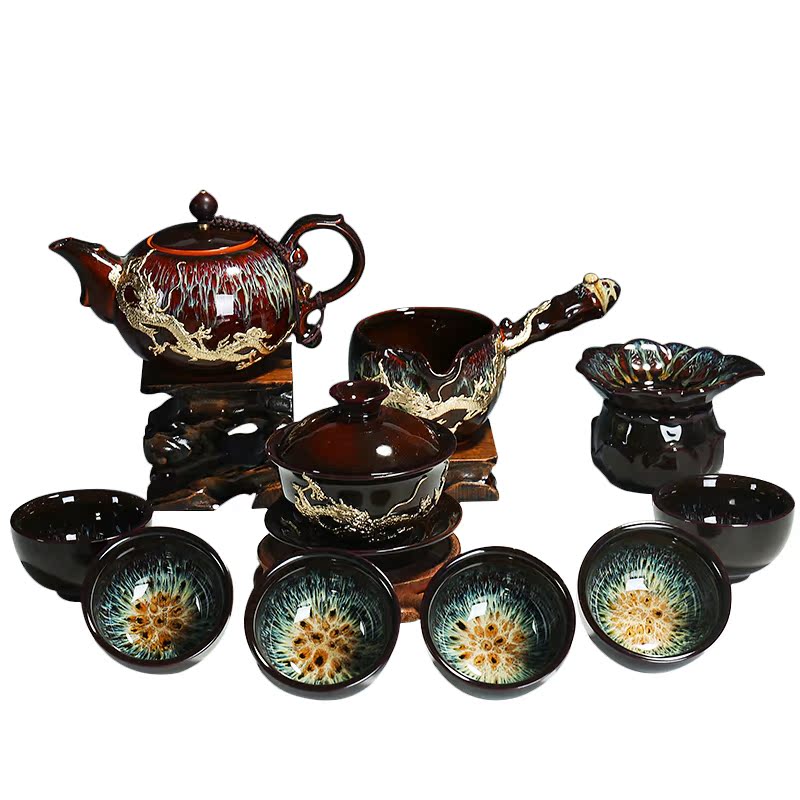 Tasted silver gilding ceramic building of a complete set of lamp that tea set household contracted temmoku glaze kung fu variable teapot tea cups