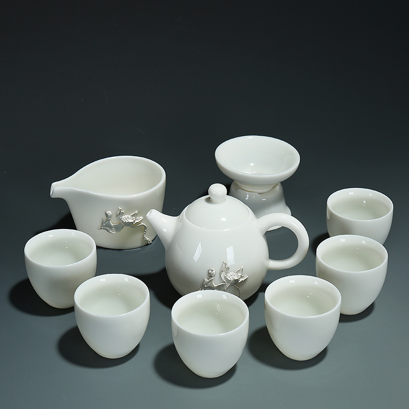 Frozen jade porcelain kung fu tea set a complete set of dehua white porcelain household coppering. As silver lid bowl sample tea cup set