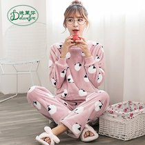 Pajamas female winter coral velvet Korean sweet cute can wear long-sleeved flannel thickened autumn and winter home wear suit