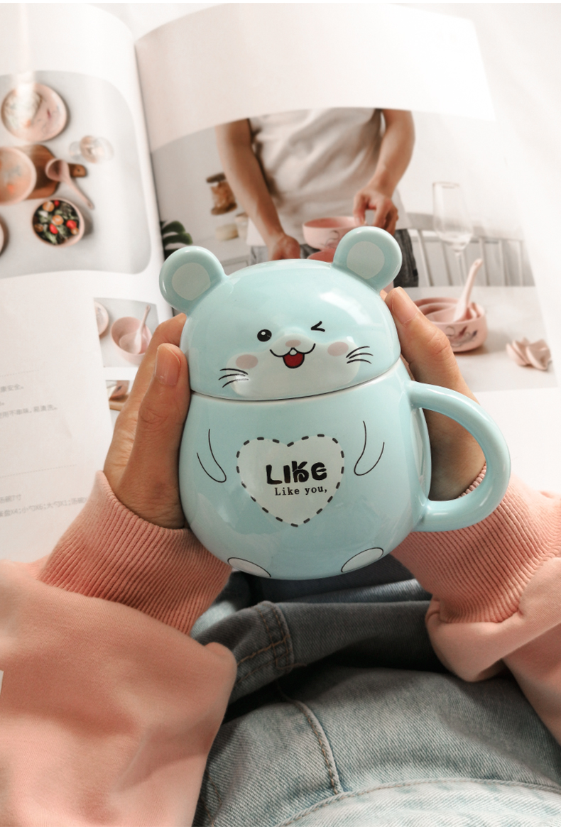 Young girl heart mouse cup household contracted a pair of express picking cup creative ceramic keller with spoon