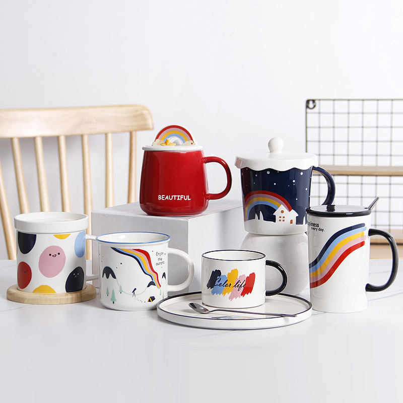 Couples high - capacity rainbow suit mark cup creative move trend ceramic coffee cup express it with a spoon