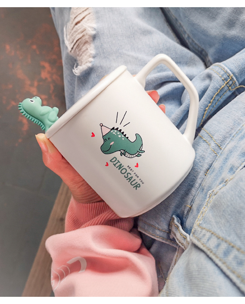 Japanese glass ceramic cup contracted coffee cup pure and fresh and lovely cartoon dinosaur keller spoon girl cup with cover