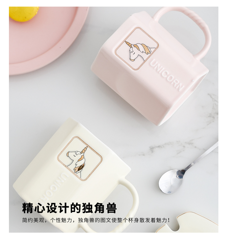 The Ins unicorn mark cup with cover spoon, lovely web celebrity of ceramic keller cup creative picking cups of milk breakfast