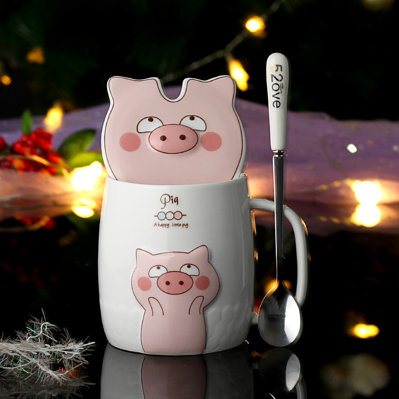 Couples cup high - capacity creative ceramic pig girl, lovely cup keller spoon home coffee cup with cover