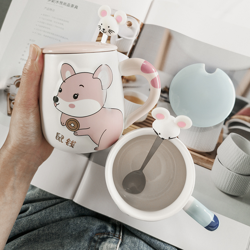 The Mouse cup household contracted express girl heart cup ins individuality creative ceramic keller with spoon