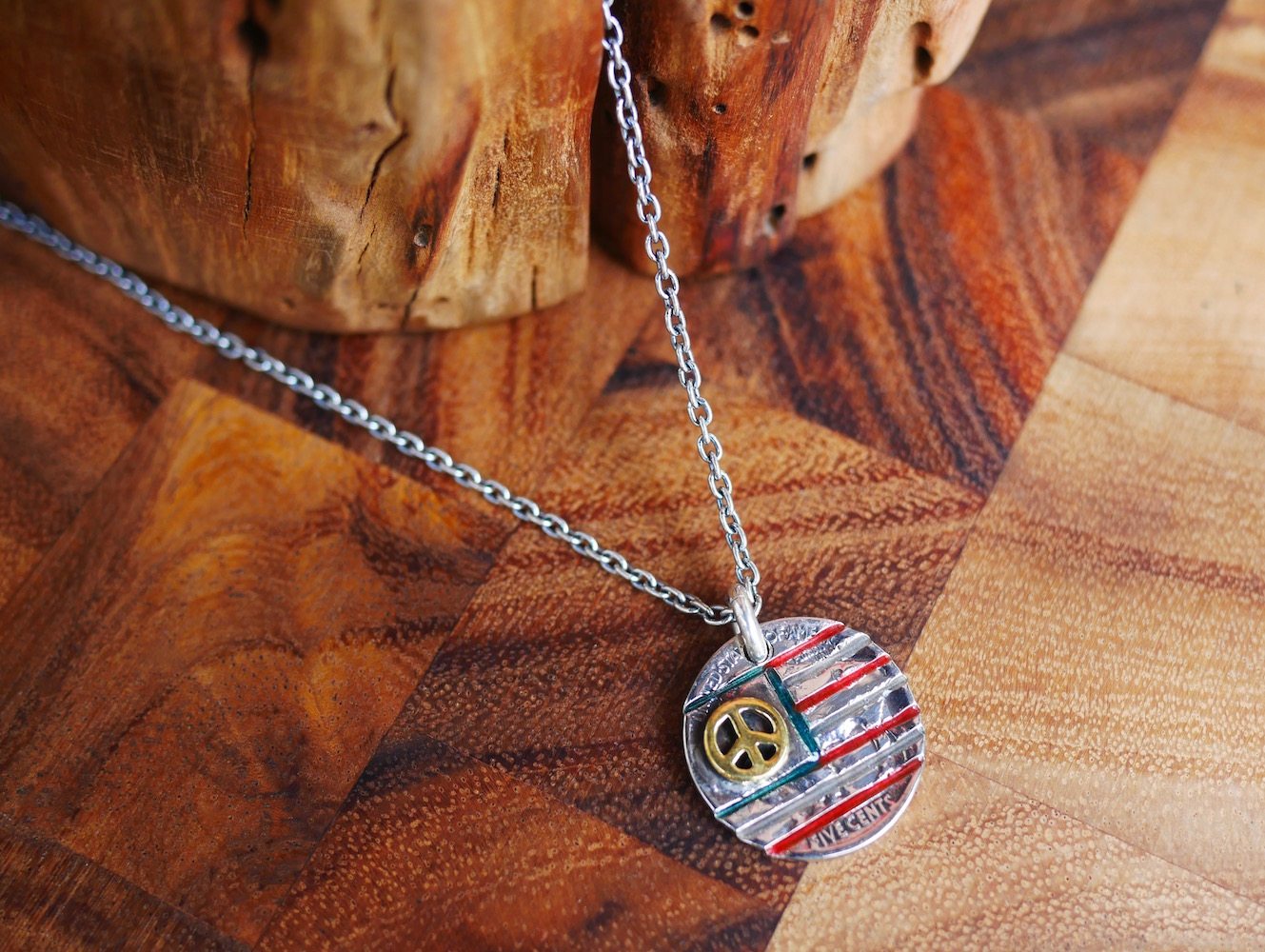 Japan North works 5 Cent Old Silver Coin Peace Sign Star Spangled Banner Pendant