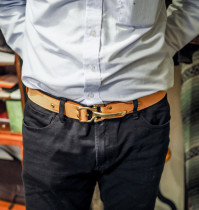 Taiwanese Craftsman hand-made HEYOU tanned cowhide Rangers belt brass hardware three-color spot