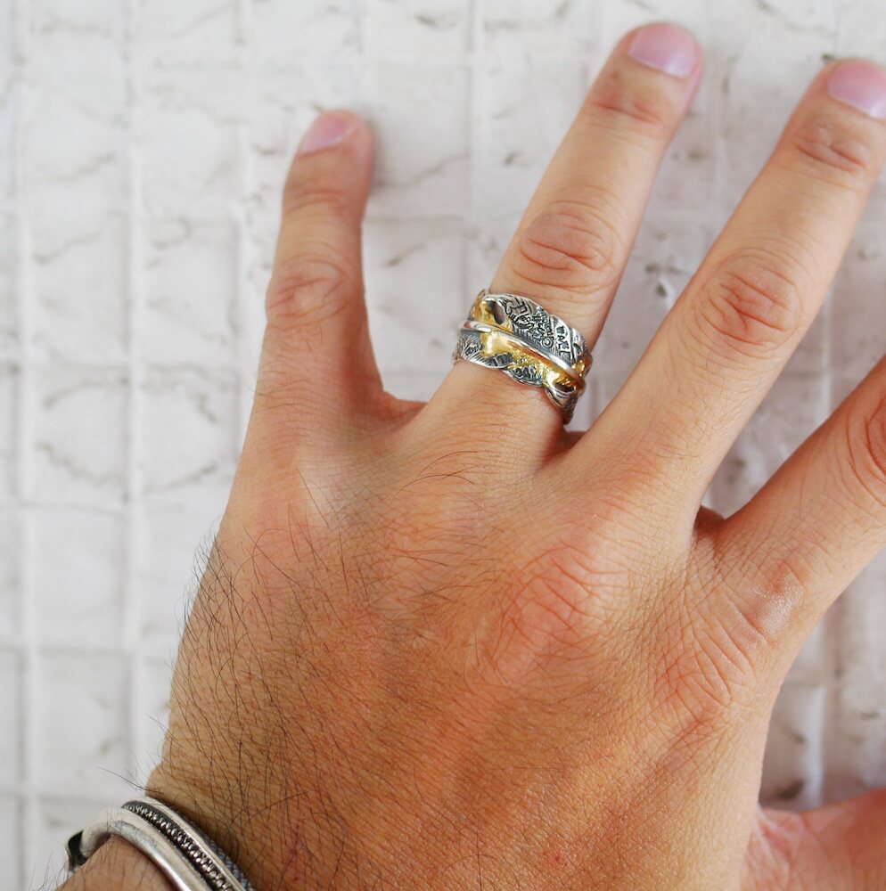 Heavy American Bill Wall Leather BWL with artifact gilt tattoo graffiti feather ring