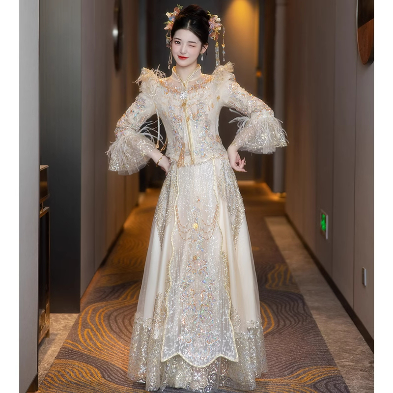 Champagne-Colored Xiuhe Wedding Dress 2026 New Style Bride's Chinese Wedding Dress, High-End and Slimming for Summer