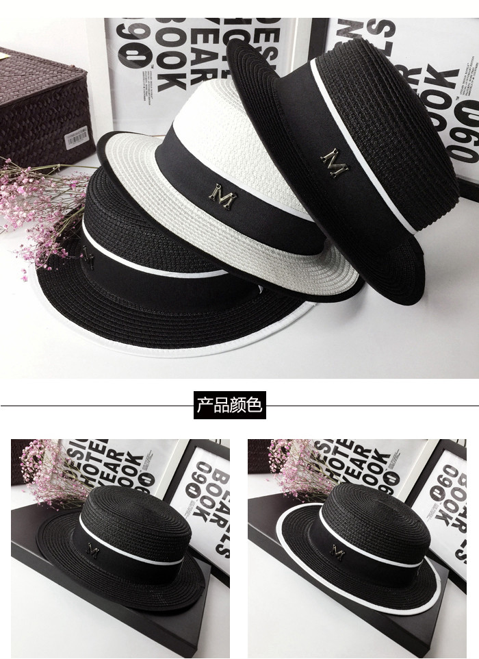 Fashionable M-label sun hats, straw hats, sun-protective hats, women's summer outings, sun hats, black British flat-topped top hats, a trend detail image 7