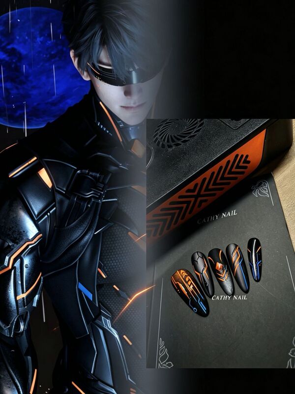 Summer Daytime Mecha Dark Night Black Orange Futuristic Lines Long Style Self-Exuding Aura Niche Cosplay Nail Art Wearable Nail Pieces