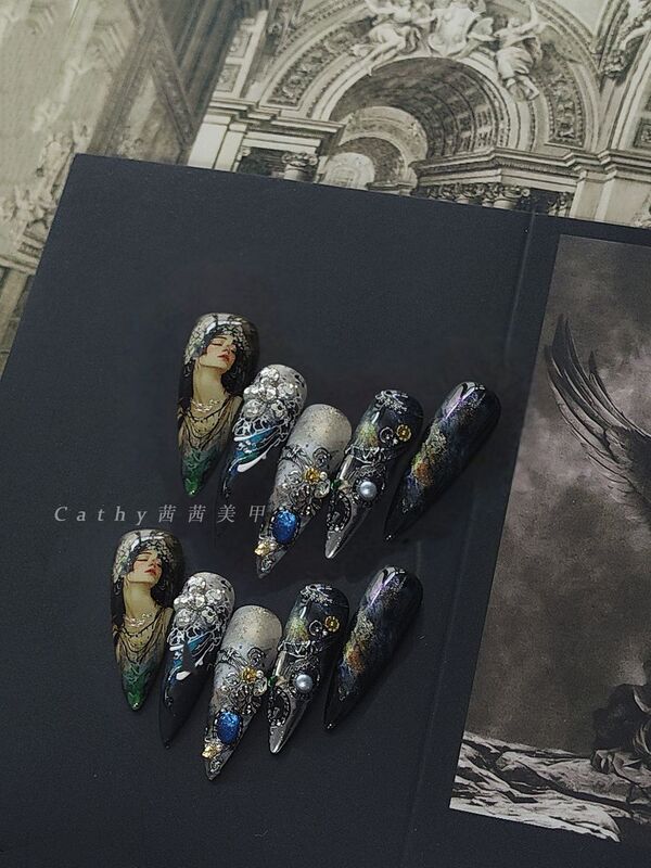 Light Luxury Retro Oil Painting Beauty Portrait Nail Art with Heavy Gemstone Design, Exuding an Elegant and Luxurious Vibe, Nail Stickers Light Luxury Retro Oil Painting Beauty Portrait Nail Art with Heavy Gemstone Design, Exuding an Elegant and Luxurious Vibe, Nail Stickers