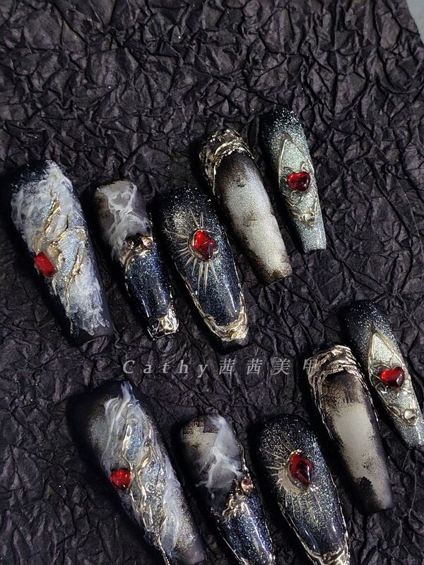 Dark Metal Cat-Eye Nail Art, Personalized European and American Style, Sweet and Cool, High-End Detachable Gothic Handmade Wearable Nail Pieces Dark Metal Cat-Eye Nail Art, Personalized European and American Style, Sweet and Cool, High-End Detachable Gothic Handmade Wearable Nail Pieces