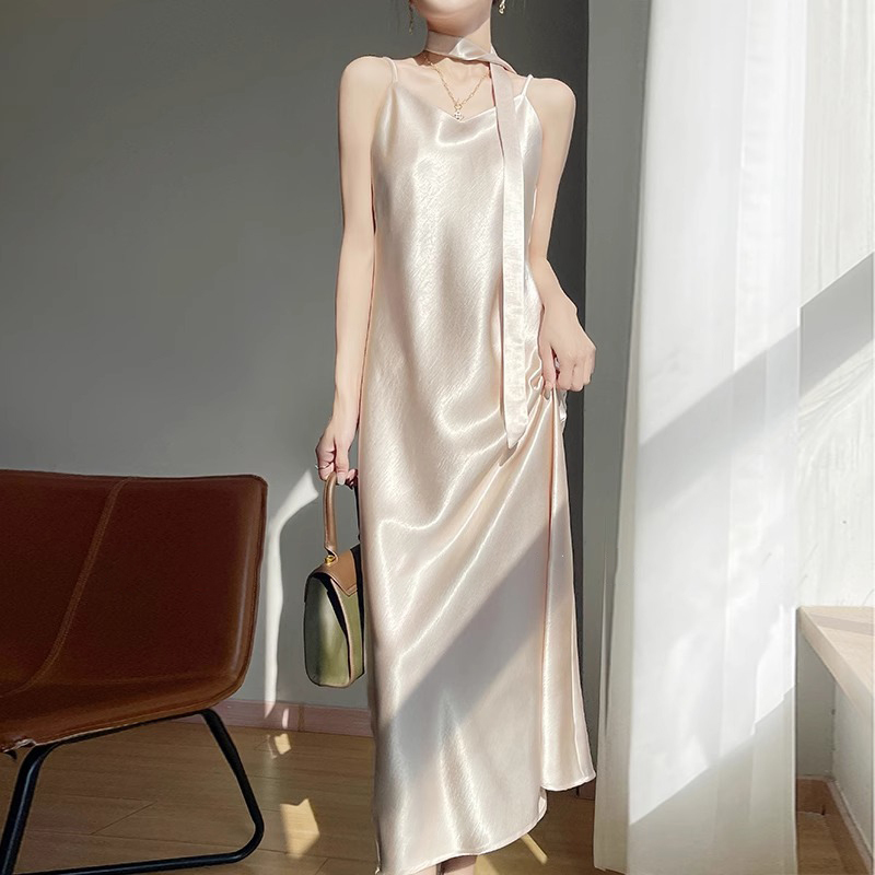 Acetate Satin Silk Slip Dress for Women, 2026 Summer New Style, French Light Luxury, High-End Feel, Long Base Dress